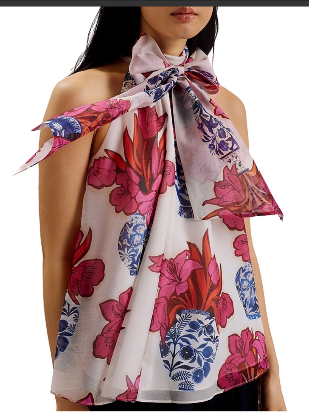 Ted Baker Akaki Organza Printed Tie Neck Top - floral - size L